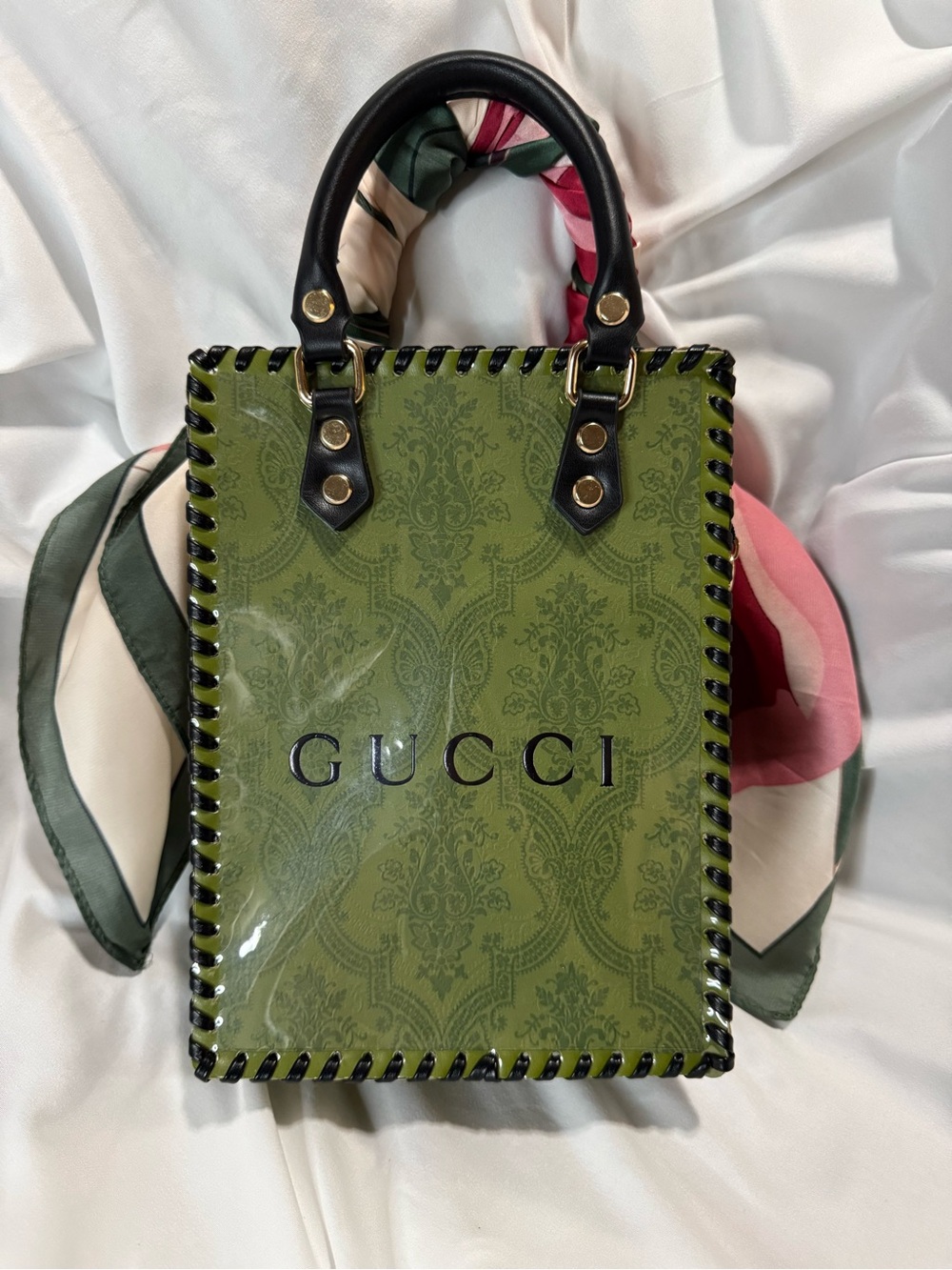 Upcycled Gucci Olive Green Tote with Pink-Green Scarf Handle and Gold Charm - Picture 5 of 7